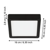 Gosmelle LED downlight, square black steel fixture with white plastic diffuser, shown with labelled dimensions 16 x 16cm and 2.8cm height on a white background.