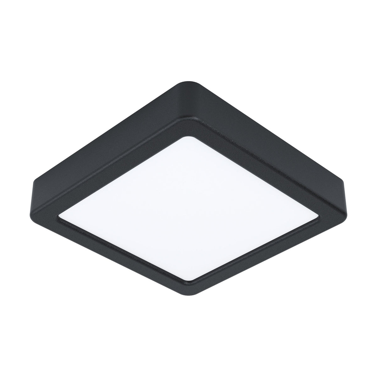 Gosmelle LED downlight, square black steel body with white plastic diffuser, 16 x 16cm, IP20, warm white, shown on a plain white background.