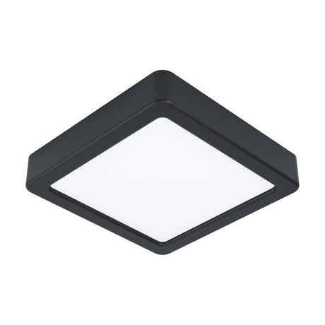 Gosmelle LED downlight, square black steel body with white plastic diffuser, 16 x 16cm, IP20, warm white, shown on a plain white background.