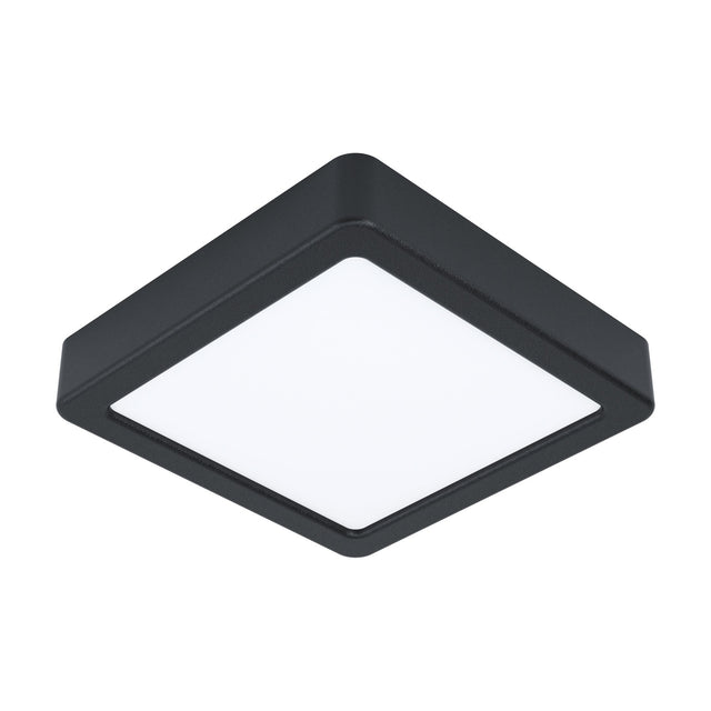 Gosmelle LED downlight, square black steel body with white plastic diffuser, 16 x 16cm, IP20, warm white, shown on a plain white background.