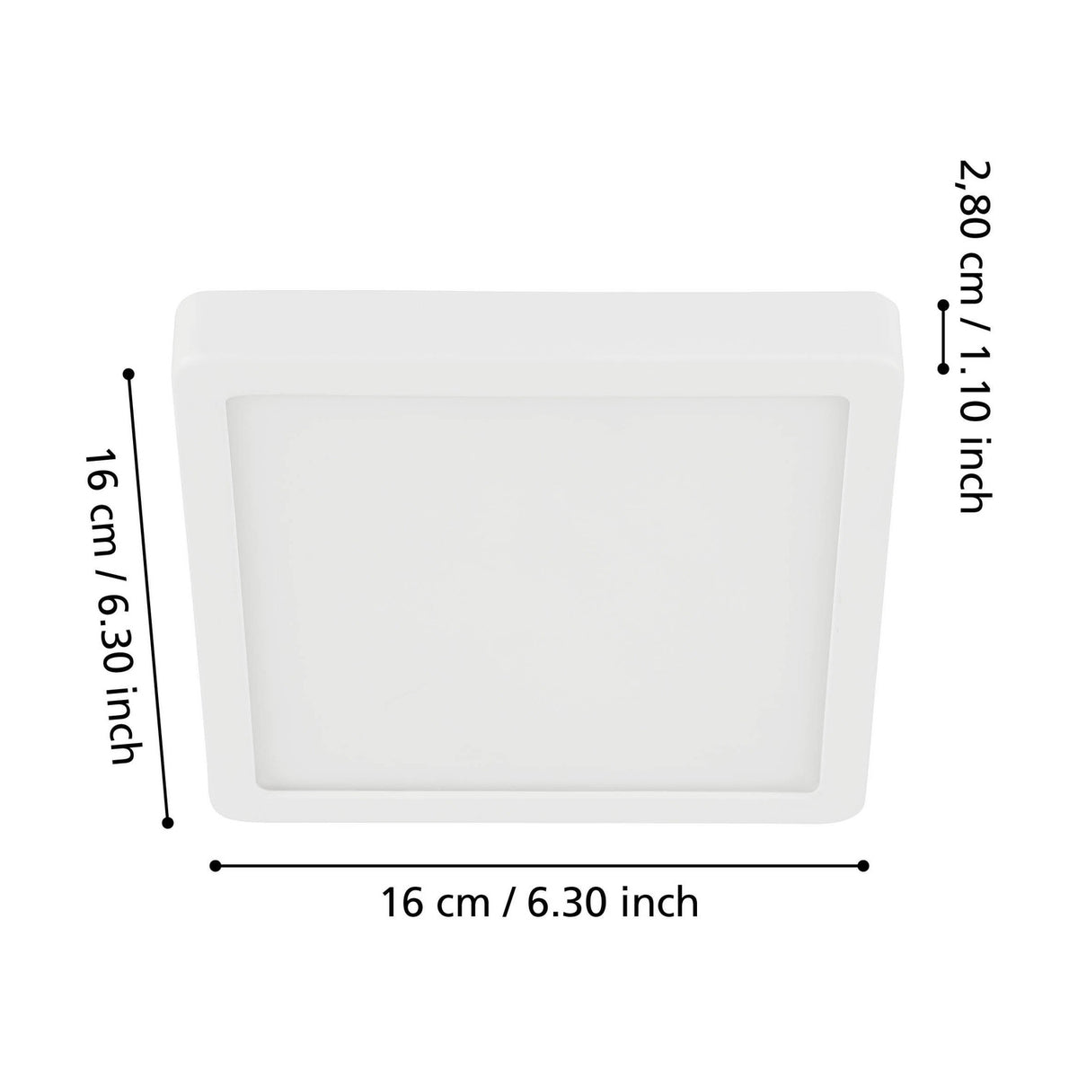 Gosmelle LED downlight, square white steel body with opal plastic diffuser, shown with dimension labels 16 x 16 x 2.8cm on a white background.