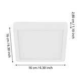 Gosmelle LED downlight, square white steel body with opal plastic diffuser, shown with dimension labels 16 x 16 x 2.8cm on a white background.