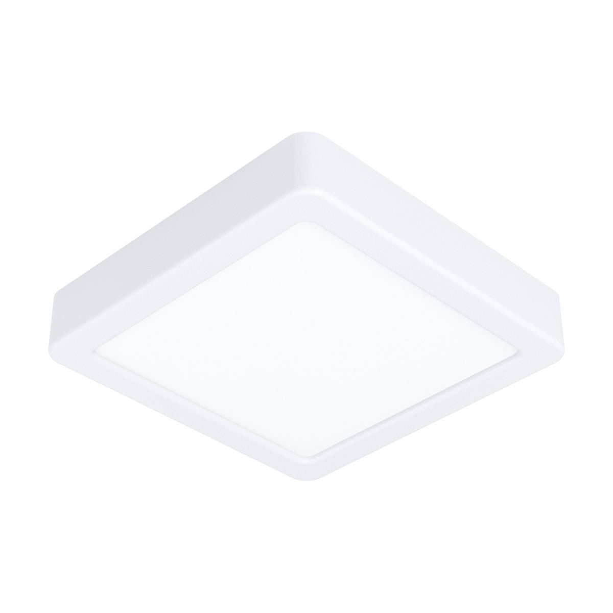 Gosmelle square LED downlight, 16 x 16cm, with white steel body and opal plastic diffuser, shown at an angle on a plain white background.