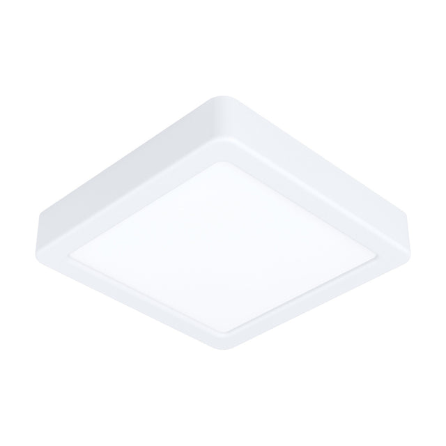 Gosmelle square LED downlight, 16 x 16cm, with white steel body and opal plastic diffuser, shown at an angle on a plain white background.