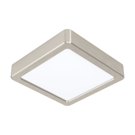 Gosmelle LED downlight, square 16 x 16cm satin nickel steel body with white plastic diffuser, integrated warm white LED, shown on a plain white background.