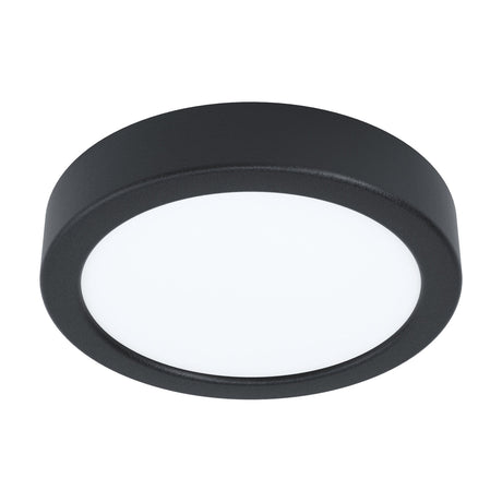 Gosmelle LED Downlight, a round 16cm surface-mounted ceiling light with black steel body and white plastic diffuser, shown on a plain white background.