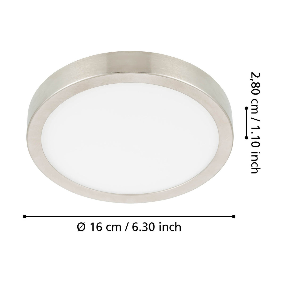 Gosmelle LED downlight in satin nickel, a slim round fixture with brushed steel rim and white plastic diffuser, 16cm diameter and 2.8cm height, shown on a white background with size labels.