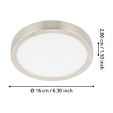 Gosmelle LED downlight in satin nickel, a slim round fixture with brushed steel rim and white plastic diffuser, 16cm diameter and 2.8cm height, shown on a white background with size labels.