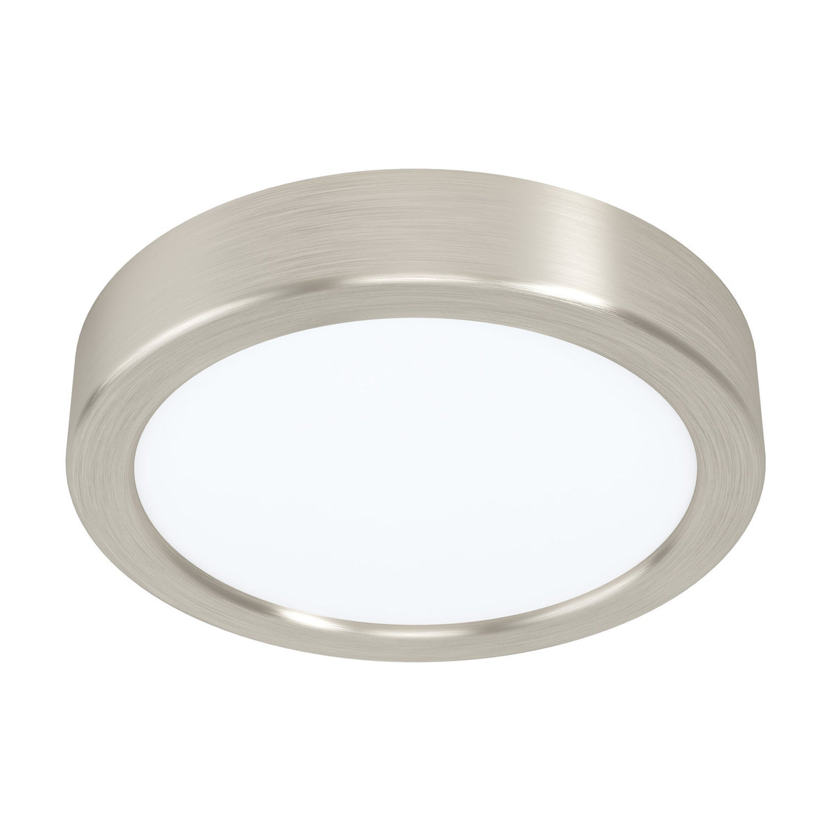 Gosmelle LED downlight, 16cm round fixture with brushed satin nickel rim and white plastic diffuser, integrated LED cool white light, shown on a plain white background.