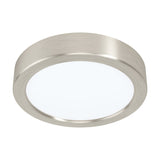 Gosmelle LED downlight, 16cm round fixture with brushed satin nickel rim and white plastic diffuser, integrated LED cool white light, shown on a plain white background.