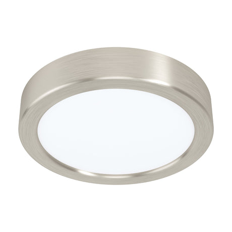 Gosmelle LED downlight, 16cm round fixture with brushed satin nickel rim and white plastic diffuser, integrated LED cool white light, shown on a plain white background.