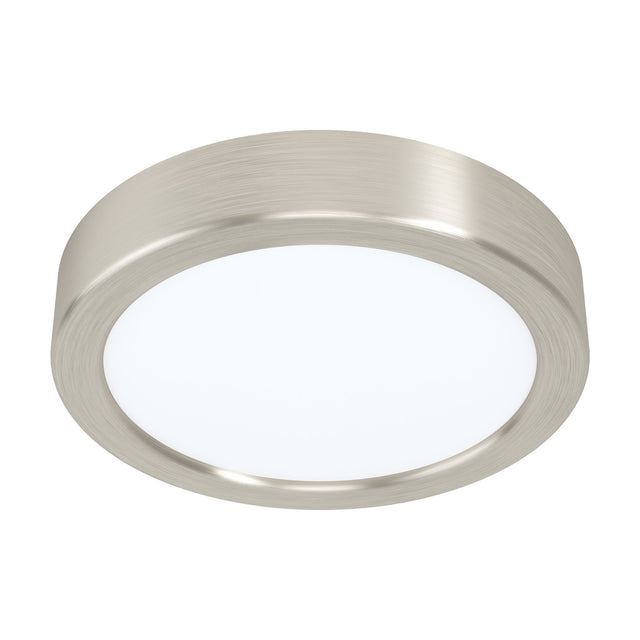 Gosmelle LED downlight, 16cm round fixture with brushed satin nickel rim and white plastic diffuser, integrated LED cool white light, shown on a plain white background.