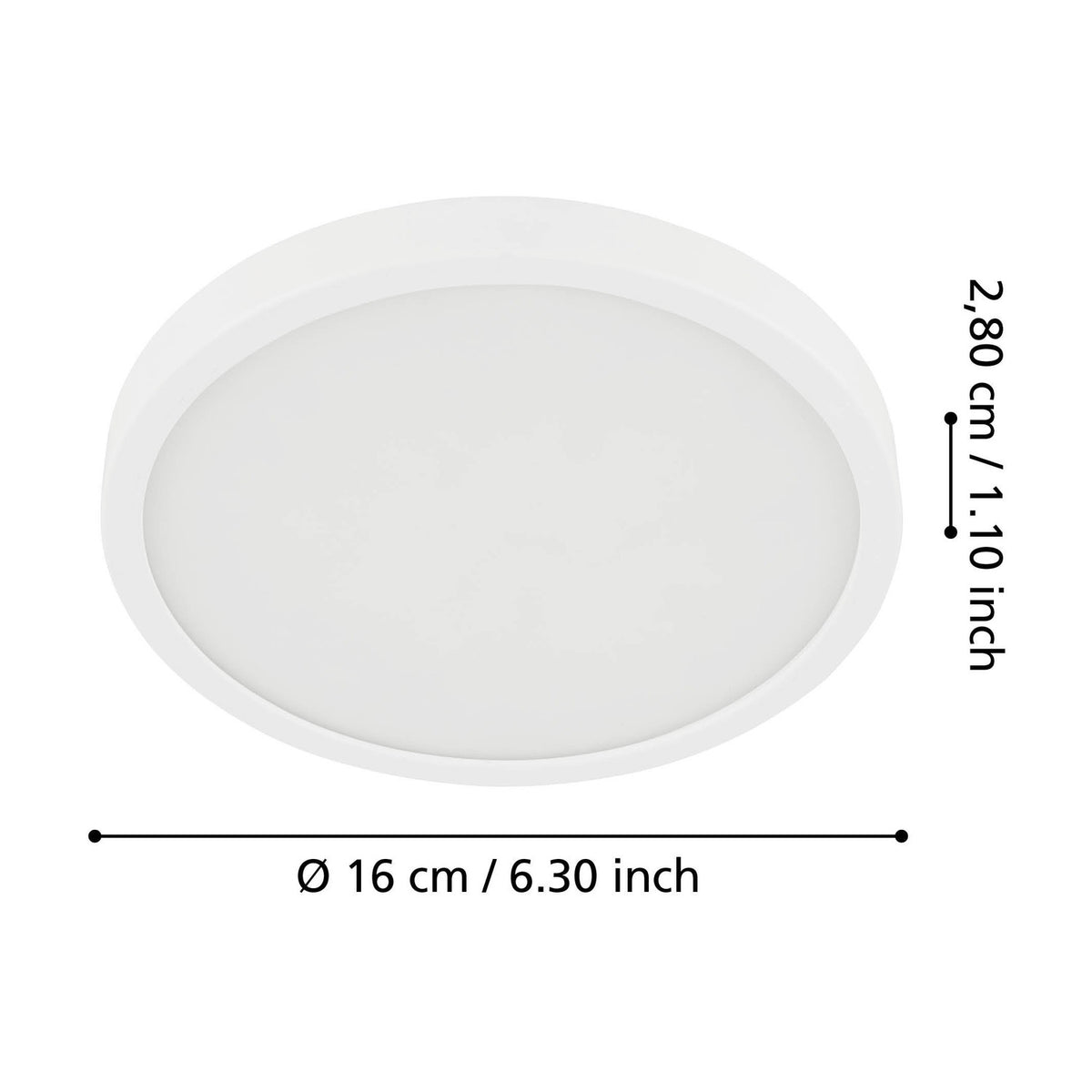 Gosmelle round LED downlight in white, with white steel body and plastic diffuser, shown with dimension labels of 16cm diameter and 2.80cm depth on a white background.