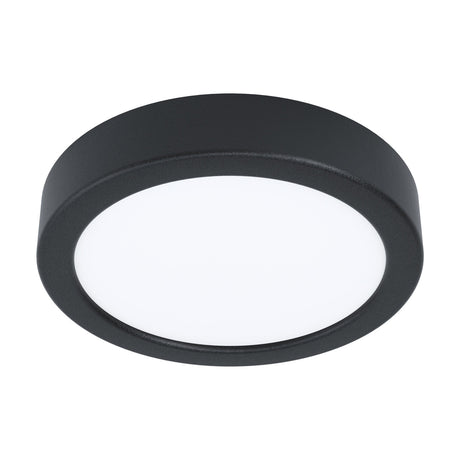 Gosmelle LED Downlight, a round black steel fixture with a white plastic diffuser, shown close up on a plain white background.