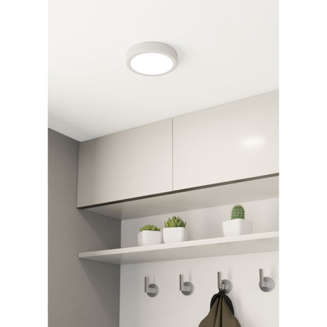 Gosmelle LED Downlight, round white fixture with opal diffuser, fitted flush in a white ceiling above kitchen cabinetry, shelf with plants below.