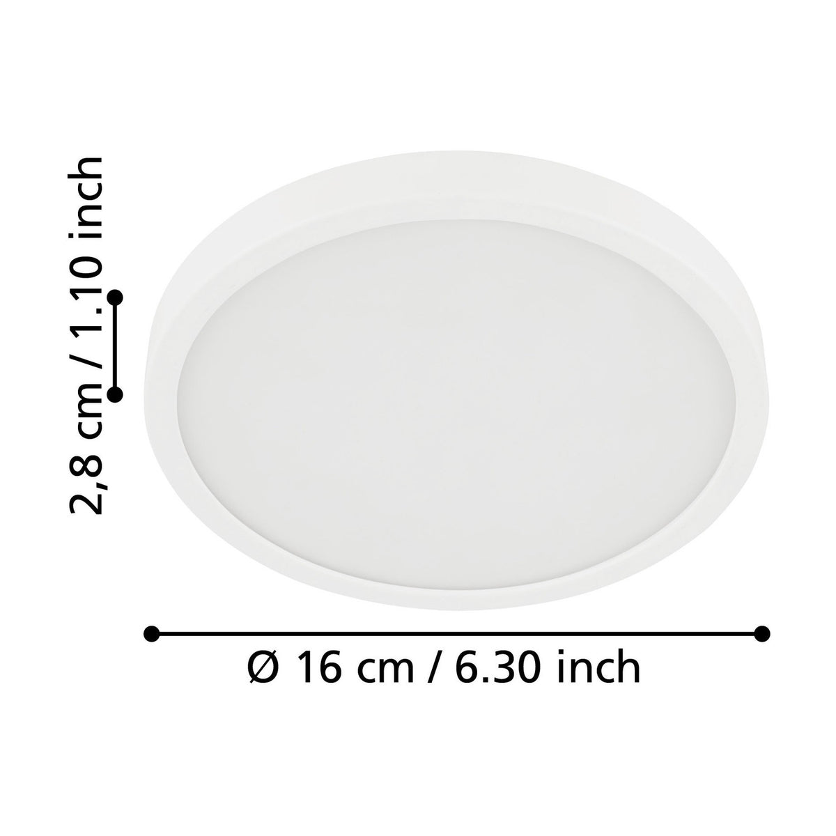 Round white LED downlight, Gosmelle 16cm diameter, 2.8cm slim profile, white steel body with opal plastic diffuser, shown with dimension labels on a white background.