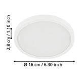 Round white LED downlight, Gosmelle 16cm diameter, 2.8cm slim profile, white steel body with opal plastic diffuser, shown with dimension labels on a white background.