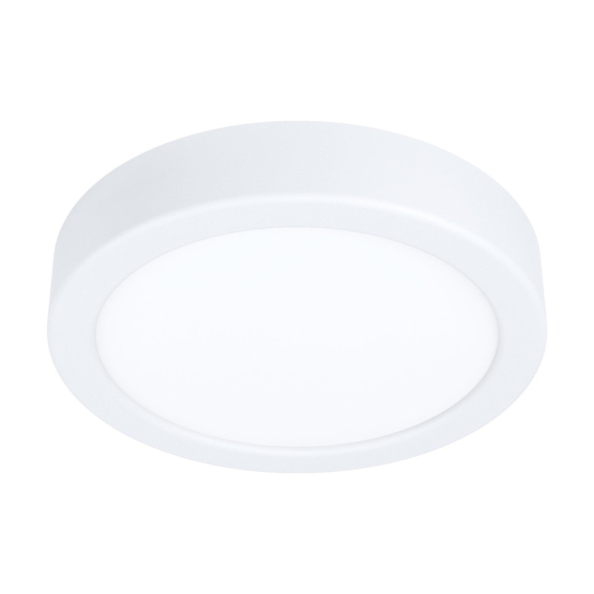 Gosmelle round LED downlight in white, 16cm slim profile with a white steel body and opal plastic diffuser, integrated LED, warm white 3000K, IP20, shown on a plain white background.