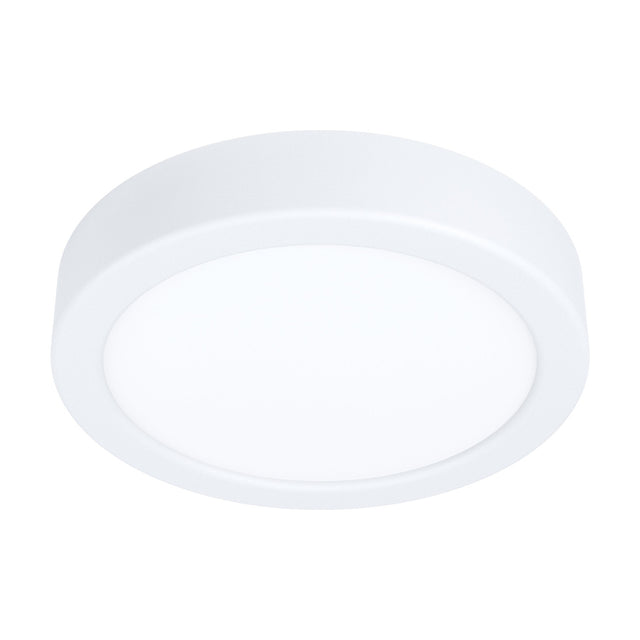 Gosmelle round LED downlight in white, 16cm slim profile with a white steel body and opal plastic diffuser, integrated LED, warm white 3000K, IP20, shown on a plain white background.