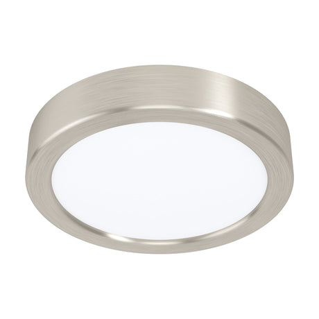 Gosmelle LED downlight, a round 16cm fixture with a slim satin nickel steel body and white plastic diffuser, shown on a plain white background.