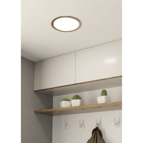 Gosmelle round LED downlight recessed in a hallway ceiling, satin nickel ring around a white diffuser, illuminated above open shelving with plants.