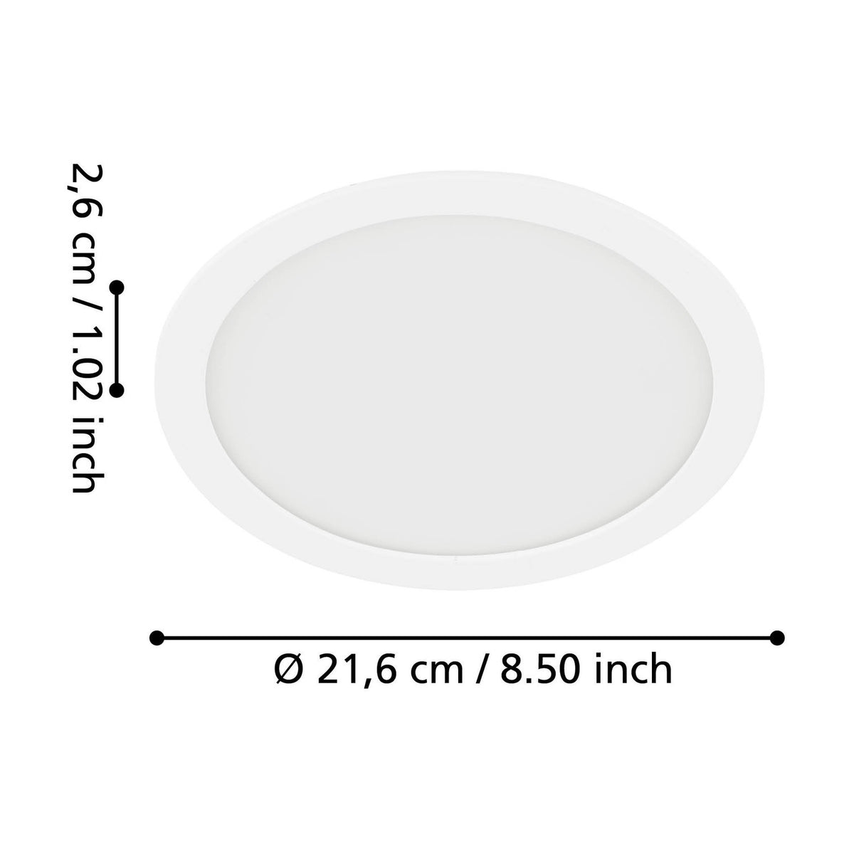 Gosmelle round LED downlight in white with slim rim and opal diffuser, diagram showing 21.6cm diameter and 2.6cm recess depth on a white background.