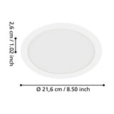 Gosmelle round LED downlight in white with slim rim and opal diffuser, diagram showing 21.6cm diameter and 2.6cm recess depth on a white background.