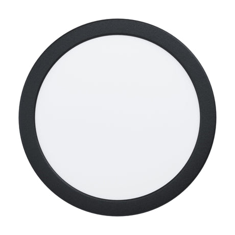 Gosmelle LED Downlight, round with a black steel rim and white plastic diffuser, 17W warm white, 21.6cm, shown on a plain white background.