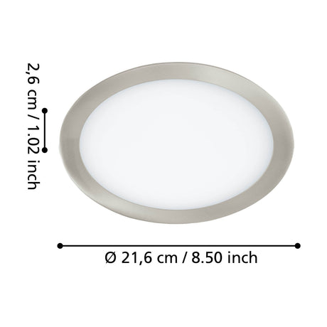 Gosmelle LED downlight with round satin nickel steel trim and flat white plastic diffuser, shown with dimension labels of 21.6cm diameter and 2.6cm depth on a white background.