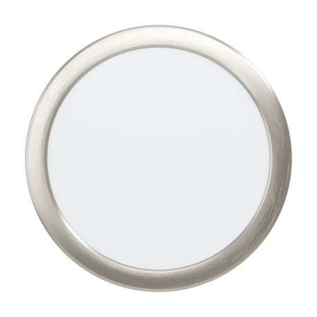 Gosmelle round LED downlight with satin nickel steel trim and flat white plastic diffuser, 21.6cm, 17W warm white, shown on a plain white background.
