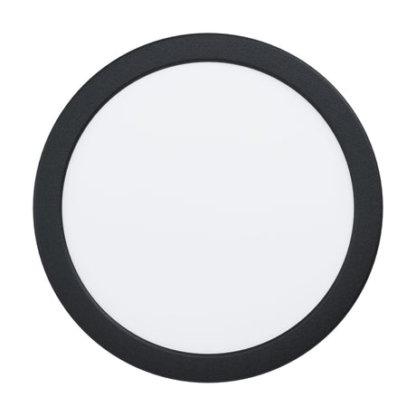 Gosmelle round LED downlight, 21.6cm diameter, black plastic trim ring with white diffuser, integrated LED, 18.5W, shown on a plain white background.