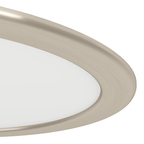 Close-up of the Gosmelle round LED downlight, 21.6cm, with a satin nickel trim ring framing a white plastic diffuser, shown on a plain white background.