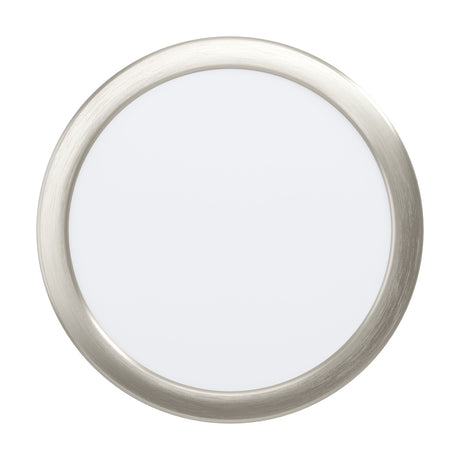 Gosmelle round LED downlight, 21.6cm, with satin nickel trim ring framing a white diffuser, 18.5W integrated LED, on a plain white background.