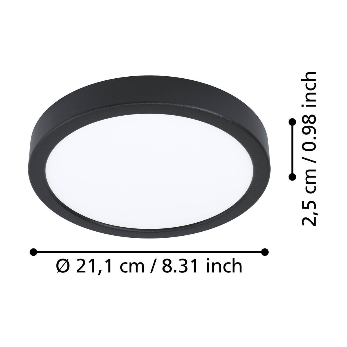 Gosmelle LED Downlight, round black plastic body with white diffuser, 21.1cm diameter and 2.5cm height, shown with dimension labels on a white background.