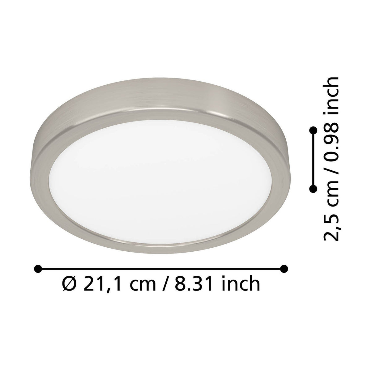 Gosmelle round LED downlight in satin nickel with white diffuser, shown with dimension labels for 21.1cm diameter and 2.5cm depth on a white background.