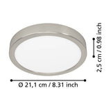 Gosmelle round LED downlight in satin nickel with white diffuser, shown with dimension labels for 21.1cm diameter and 2.5cm depth on a white background.