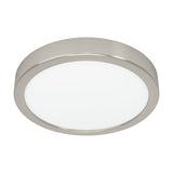 Gosmelle LED downlight, round 21.1cm ceiling fixture with satin nickel steel frame and white plastic diffuser, shown on a plain white background.