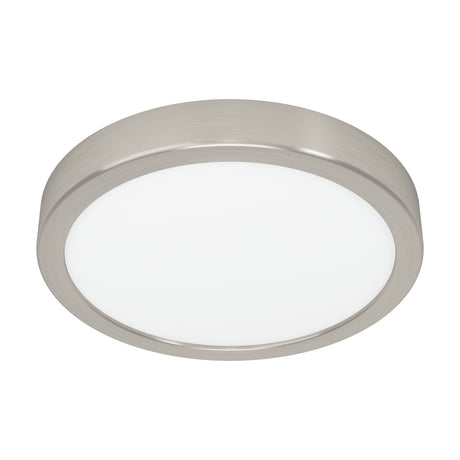 Gosmelle LED downlight, round 21.1cm ceiling fixture with satin nickel steel frame and white plastic diffuser, shown on a plain white background.