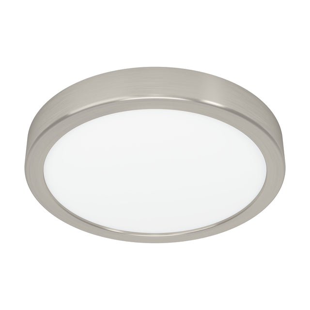 Gosmelle LED downlight, round 21.1cm ceiling fixture with satin nickel steel frame and white plastic diffuser, shown on a plain white background.