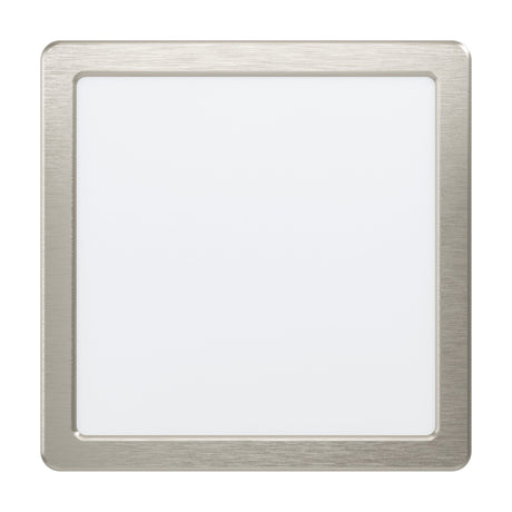 Gosmelle square LED downlight, 21.6 x 21.6cm, with brushed satin nickel trim framing a white plastic diffuser, shown on a plain white background.