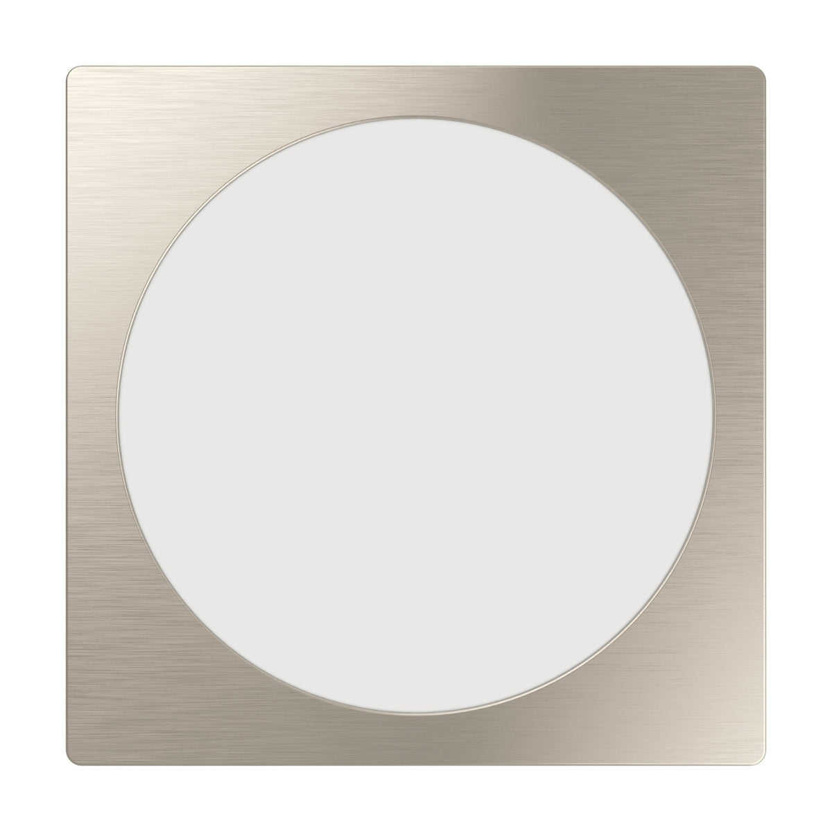 Gosmelle LED downlight, 21.6cm square satin nickel trim with brushed texture framing a round white diffuser, shown on a plain white background.