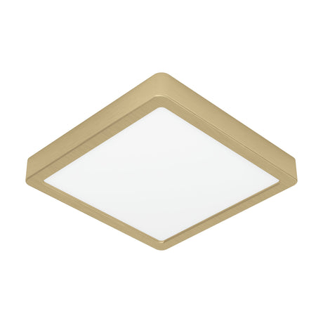 Gosmelle square LED downlight, 21 x 21cm, with slim brushed brass steel frame and white plastic diffuser, shown at an angle on a plain white background.
