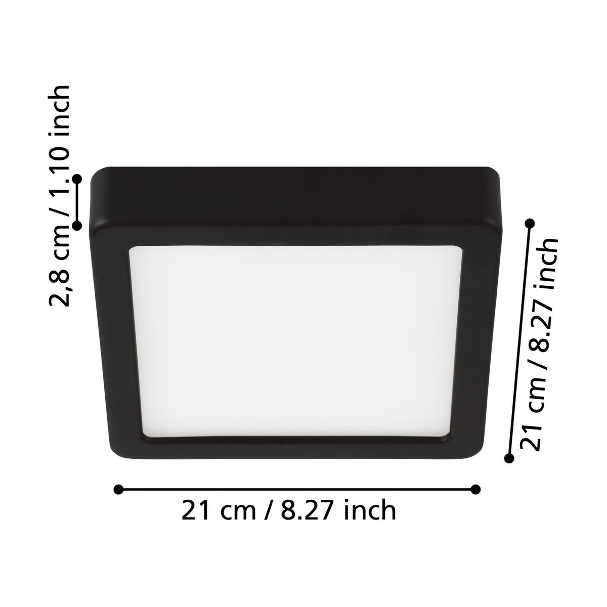 Gosmelle LED downlight with square black steel frame and white plastic diffuser, shown with labelled dimensions 21 x 21 x 2.8cm on a white background.