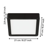 Gosmelle LED downlight with square black steel frame and white plastic diffuser, shown with labelled dimensions 21 x 21 x 2.8cm on a white background.