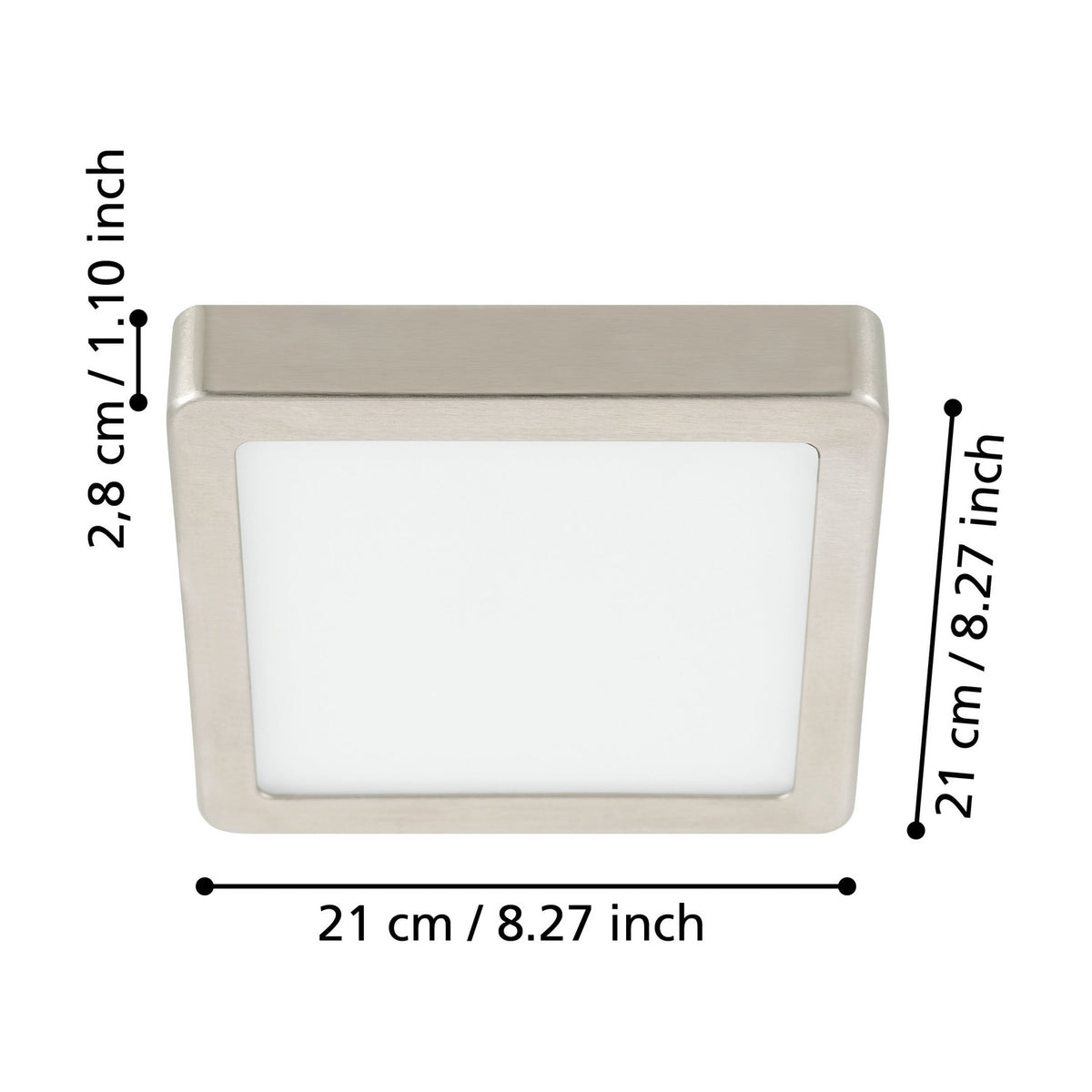 Gosmelle square LED downlight in satin nickel steel with white plastic diffuser, shown with dimensions 21 x 21 x 2.8cm on a white background.