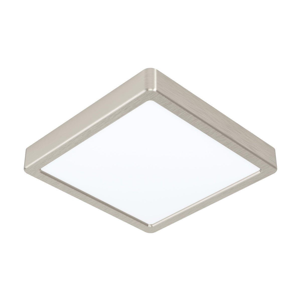 Gosmelle LED downlight, 21 x 21cm square fixture with satin nickel steel frame and white plastic diffuser, shown at an angle on a plain white background.