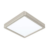 Gosmelle LED downlight, 21 x 21cm square fixture with satin nickel steel frame and white plastic diffuser, shown at an angle on a plain white background.