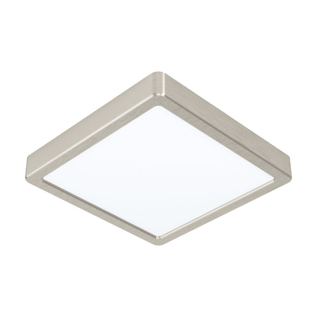 Gosmelle LED downlight, 21 x 21cm square fixture with satin nickel steel frame and white plastic diffuser, shown at an angle on a plain white background.