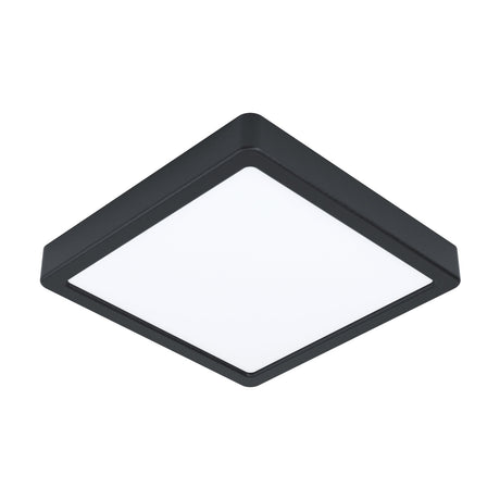 Gosmelle LED Downlight, a slim square fixture with a black steel frame and white plastic diffuser, 21 x 21cm, shown at an angle on a plain white background.