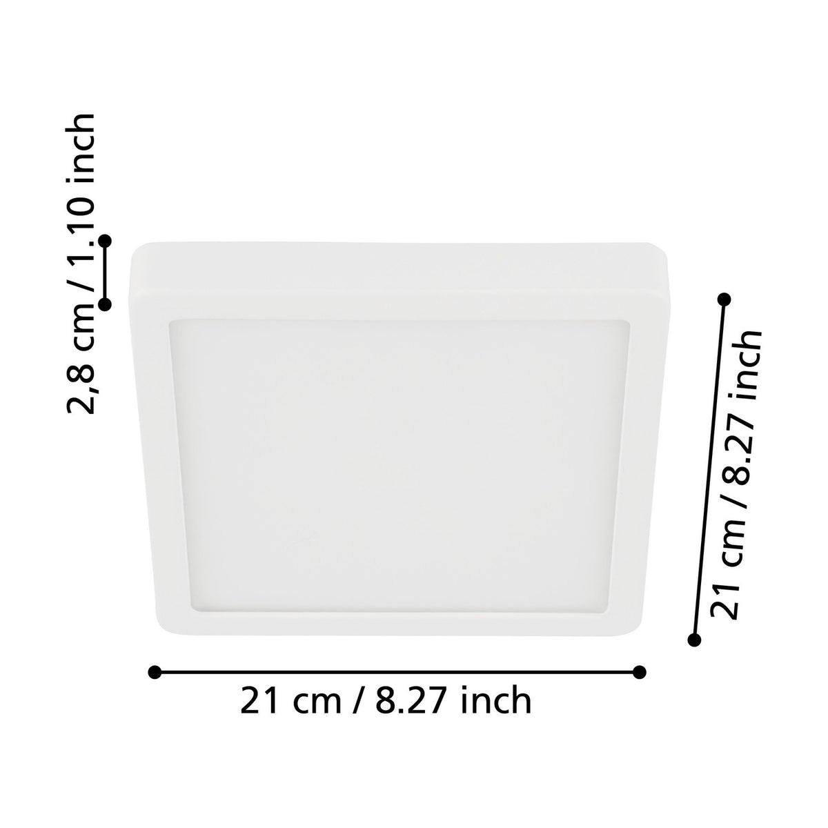 Gosmelle square LED downlight with white steel body and white plastic diffuser, shown with dimension labels 21 x 21 x 2.8cm on a plain white background.